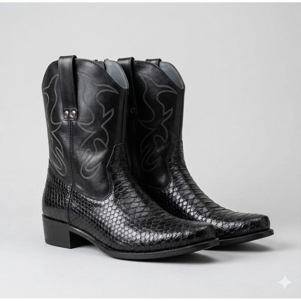 Alberto Fellini Snakeskin Style Western Boots Embroidered Pointed Toe Block Heel